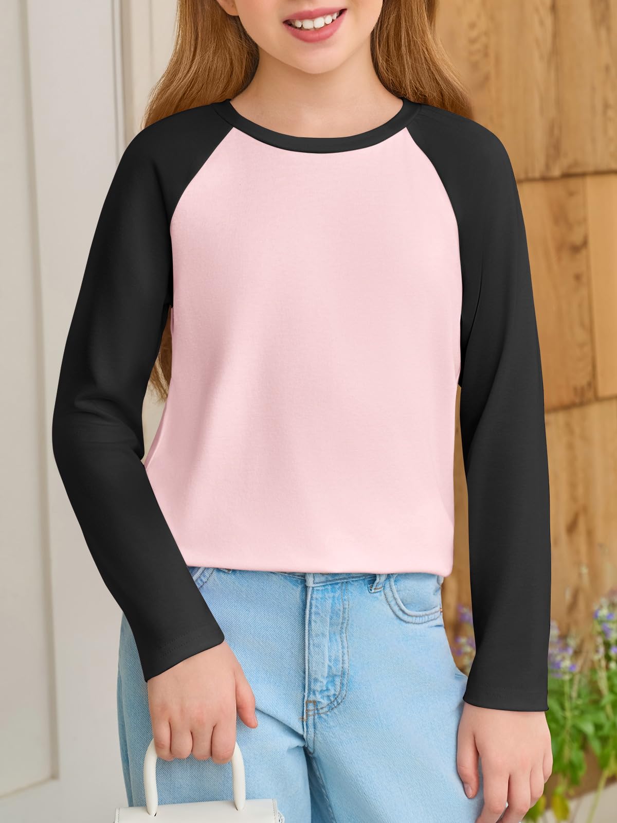 Haloumoning Kids Girls T Shirts Casual Raglan Long Sleeve Tee Crewneck Color Block Cute Fall Blouses Tops 5-14 Years