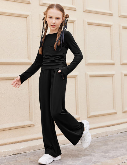 Arshiner Girls 2 Piece Set Fall Outfits Lounge Sets Ruched Long Sleeve Top Wide Leg Pants Sweatsuit Clothing Set