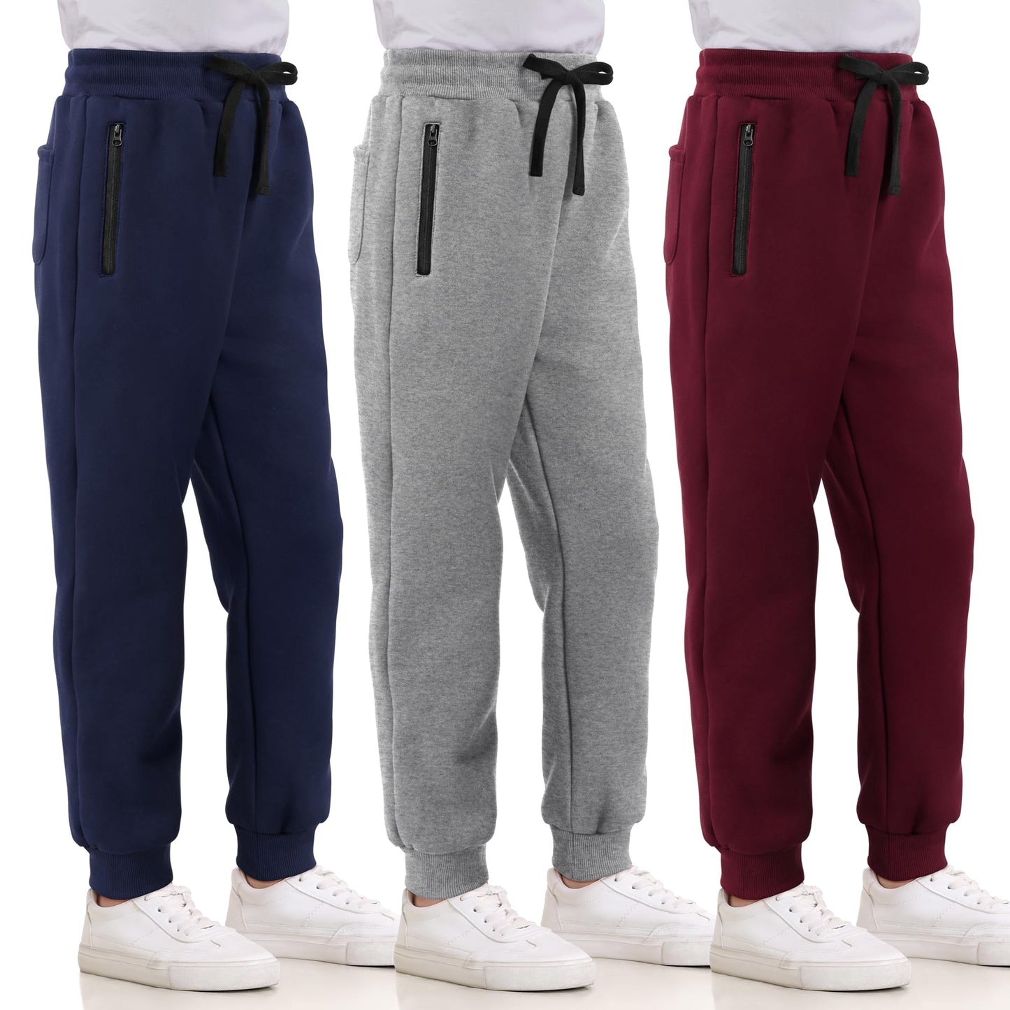 3 Pack Boys Sweatpants Fleece Cotton Athletic Pants Boys Joggers with Zipper Pockets Kids Youth Workout Sweat Pants Size 5-16