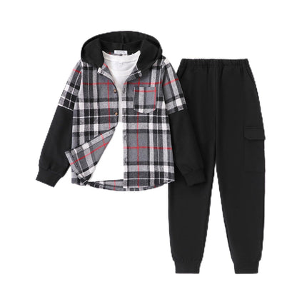 2Pcs Boys Clothes Sweatsuit Set Hoodie Flannel Plaid Shirt and Jogger Pants for Kids Fall Winter Spring Outfits