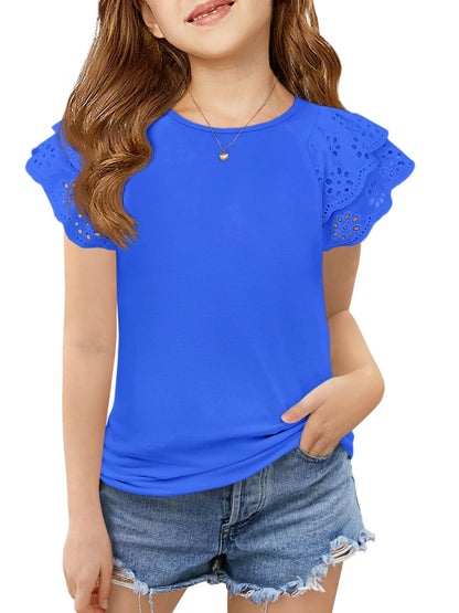 Haloumoning Girls Ruffle Sleeve T Shirts Summer Short Sleeve Casual Cute Crewneck Tops Tees 5-14 Years