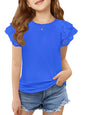 Haloumoning Girls Ruffle Sleeve T Shirts Summer Short Sleeve Casual Cute Crewneck Tops Tees 5-14 Years