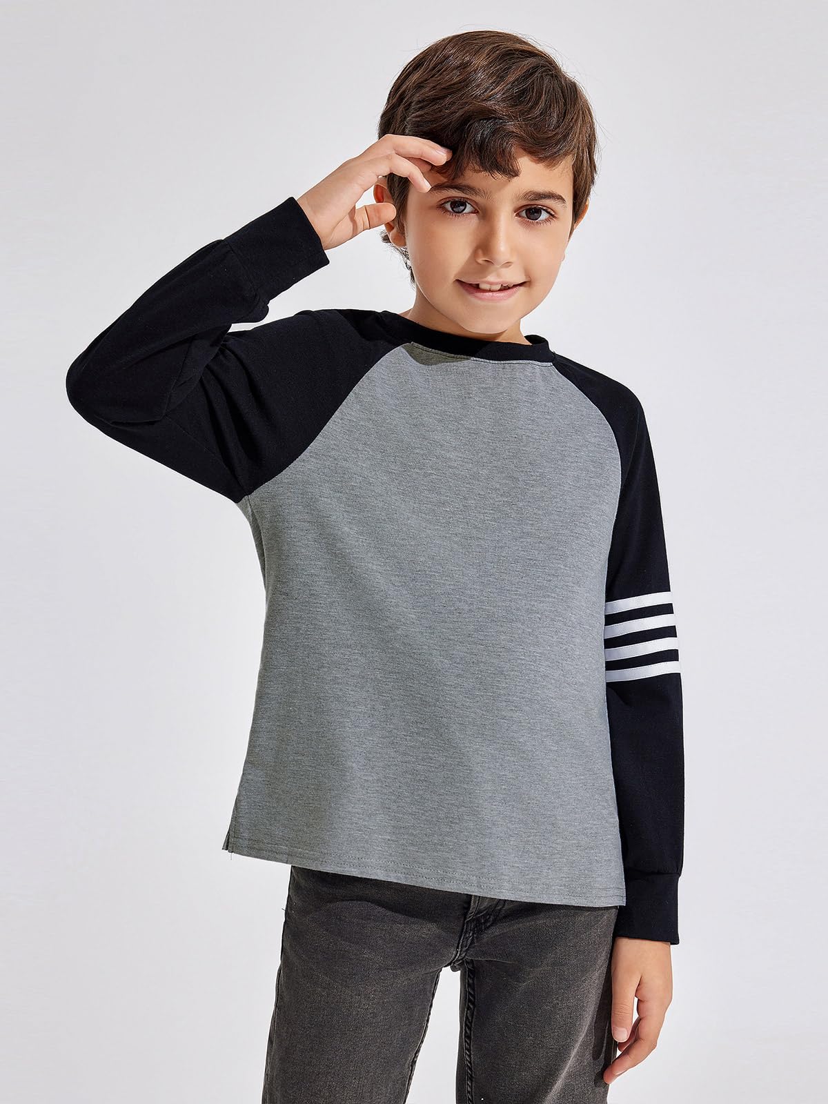 Boys Color Block Long Sleeve Crewneck Shirt in Soft Stretch Fabric