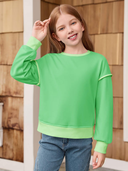 Haloumoning Girls Casual Crewneck Sweatshirts Long Sleeve Color Block Loose Fit Fall Cute Pullover Tops 5-14 Years