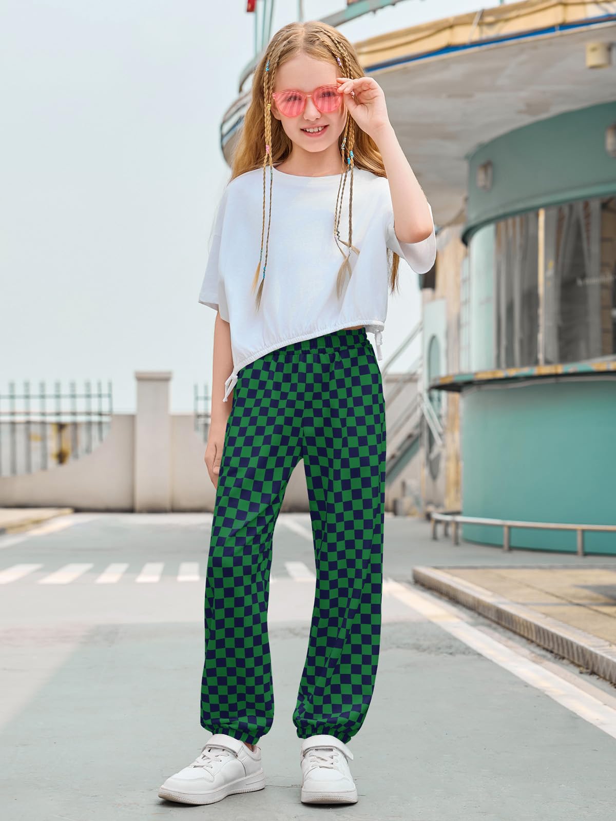 Haloumoning Girls Plaid Pants Kids Elastic Waist Jogger Pants Lightweight Bottoms with Pockets 5-14 Years