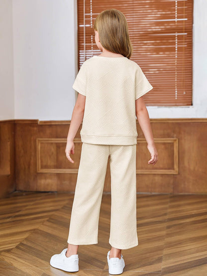 Haloumoning Girls' Clothing Sets Kids Fashion Short Sleeve Crew Neck Tops Wide Leg Pants Sweatsuit with Pocket 5-14Y