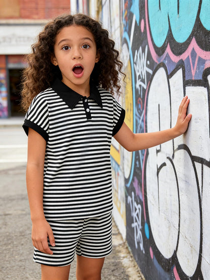 LOVYKIDIDO Size 7-14 Girls 2 Piece Outfits Summer Striped Lapel Short Set Cute Teen Girl Clothing Set