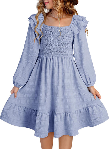 DOKOTOO KIDS Girls Dresses with Tiered Ruffle Long Sleeve and Side Pockets, Smocked Fall Spring Dress for 6-13 Years