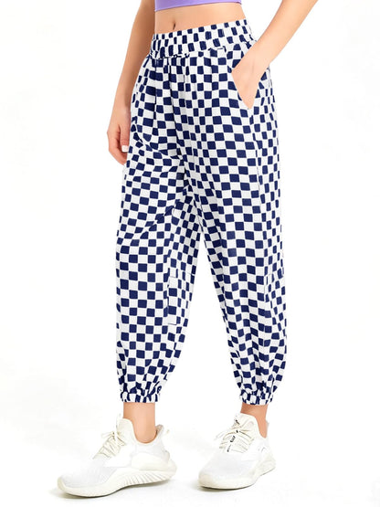 Haloumoning Girls Plaid Pants Kids Elastic Waist Jogger Pants Lightweight Bottoms with Pockets 5-14 Years