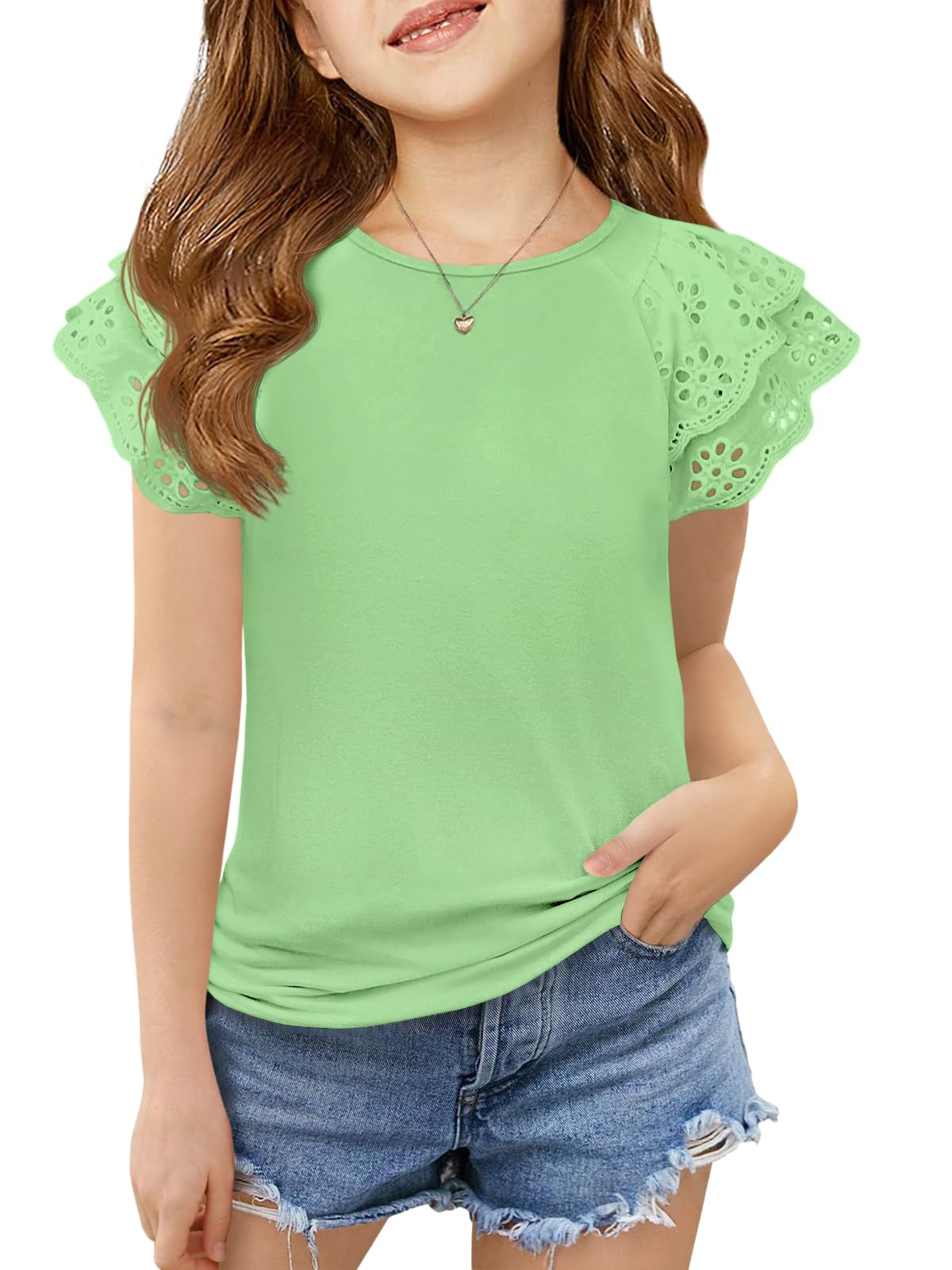 Haloumoning Girls Ruffle Sleeve T Shirts Summer Short Sleeve Casual Cute Crewneck Tops Tees 5-14 Years