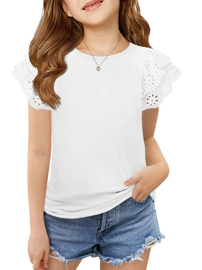 Haloumoning Girls Ruffle Sleeve T Shirts Summer Short Sleeve Casual Cute Crewneck Tops Tees 5-14 Years