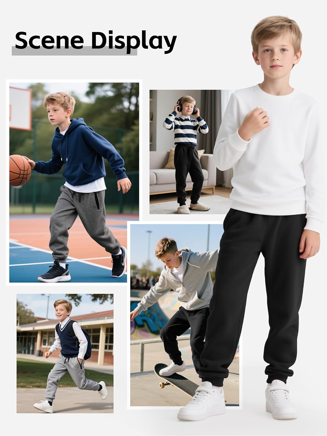 3 Pack Boys Sweatpants Fleece Cotton Athletic Pants Boys Joggers with Zipper Pockets Kids Youth Workout Sweat Pants Size 5-16