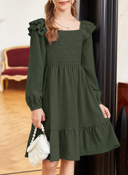 DOKOTOO KIDS Girls Dresses with Tiered Ruffle Long Sleeve and Side Pockets, Smocked Fall Spring Dress for 6-13 Years