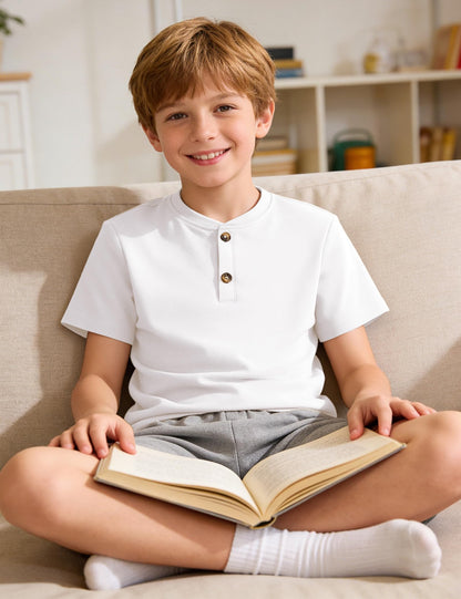 Boys Cotton Henley Short Sleeve Shirt with Button Placket