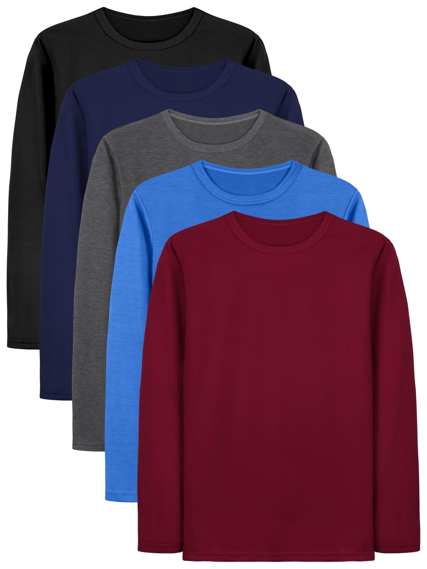 Boys Solid Color Long Sleeve Crewneck T Shirt 5 Pack Set