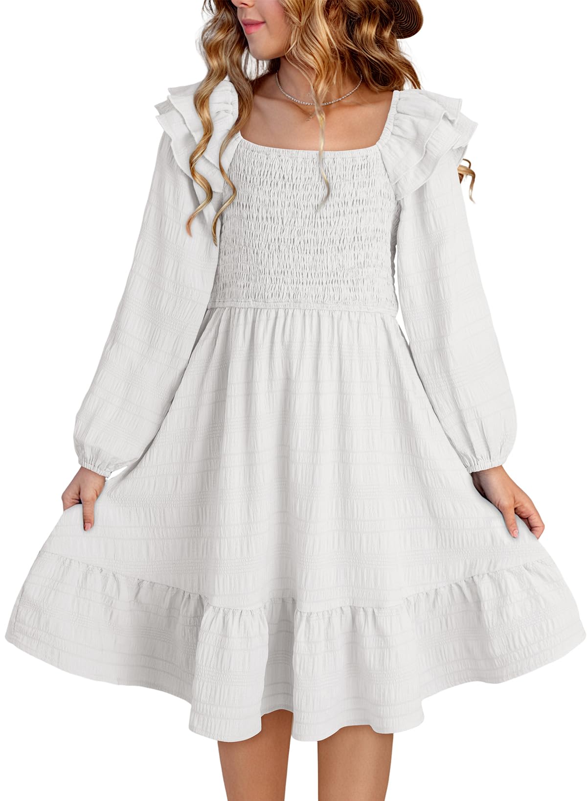 DOKOTOO KIDS Girls Dresses with Tiered Ruffle Long Sleeve and Side Pockets, Smocked Fall Spring Dress for 6-13 Years