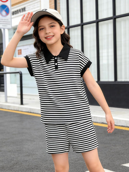 LOVYKIDIDO Size 7-14 Girls 2 Piece Outfits Summer Striped Lapel Short Set Cute Teen Girl Clothing Set