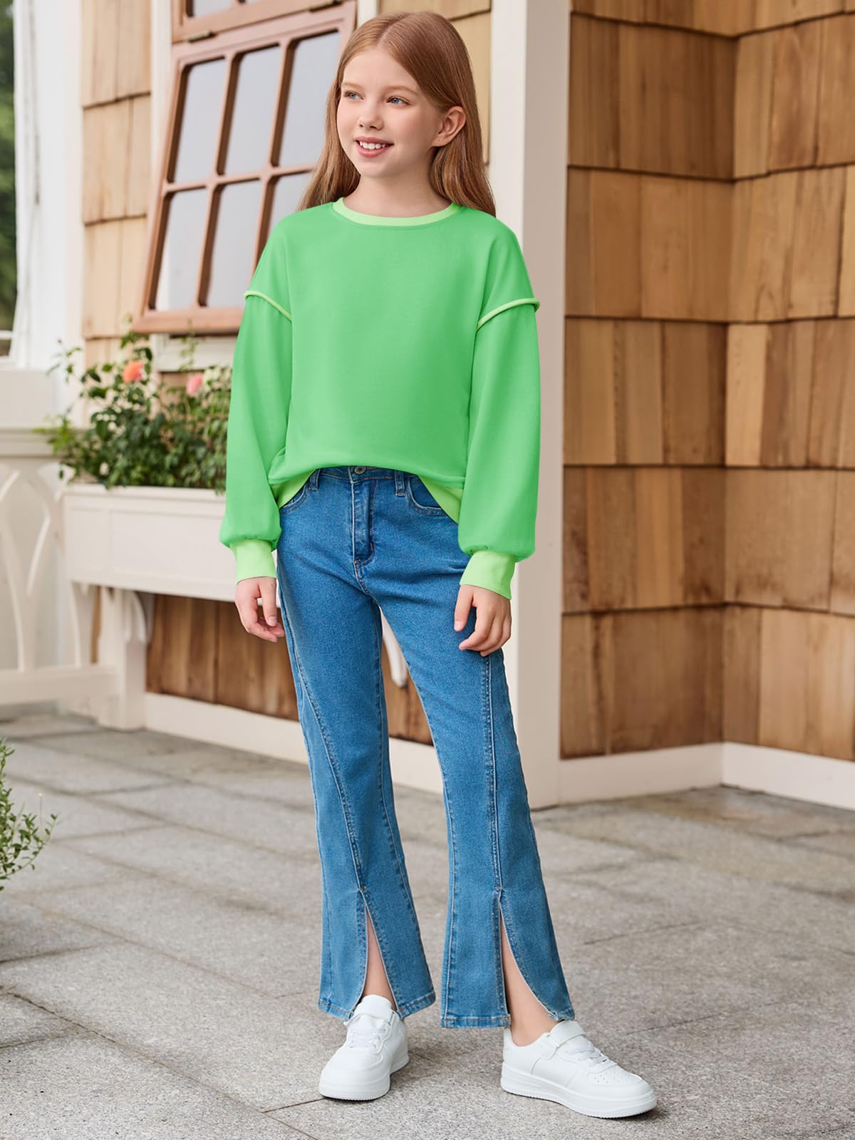 Haloumoning Girls Casual Crewneck Sweatshirts Long Sleeve Color Block Loose Fit Fall Cute Pullover Tops 5-14 Years