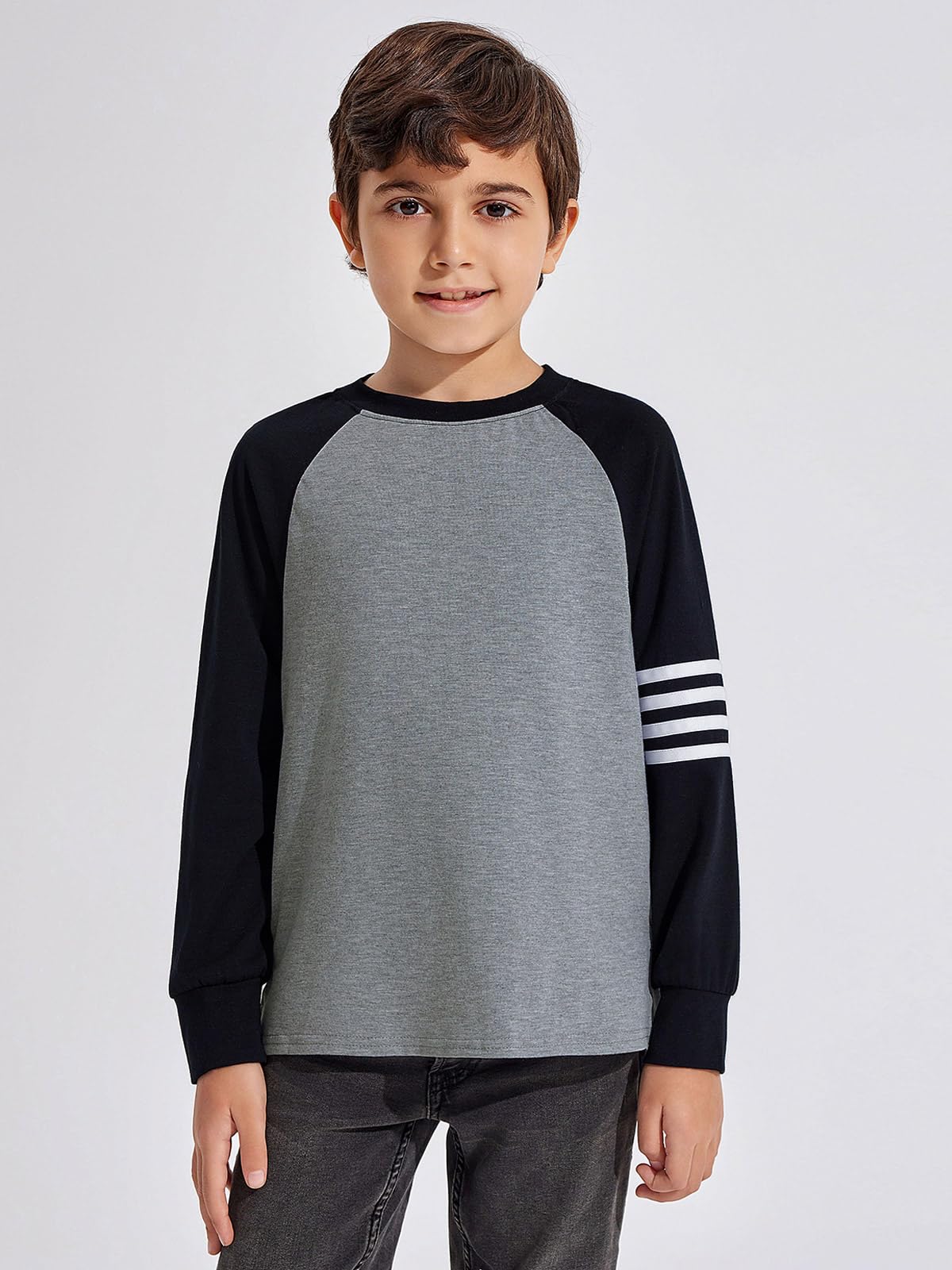 Boys Color Block Long Sleeve Crewneck Shirt in Soft Stretch Fabric