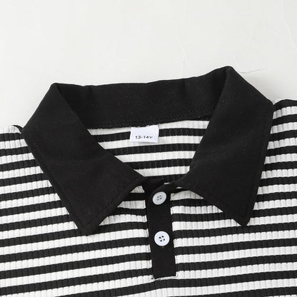 LOVYKIDIDO Size 7-14 Girls 2 Piece Outfits Summer Striped Lapel Short Set Cute Teen Girl Clothing Set