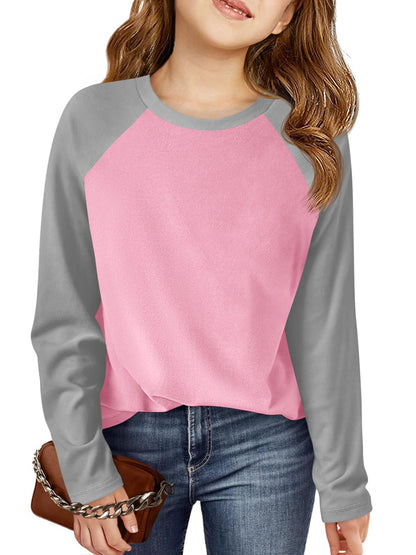 Haloumoning Kids Girls T Shirts Casual Raglan Long Sleeve Tee Crewneck Color Block Cute Fall Blouses Tops 5-14 Years