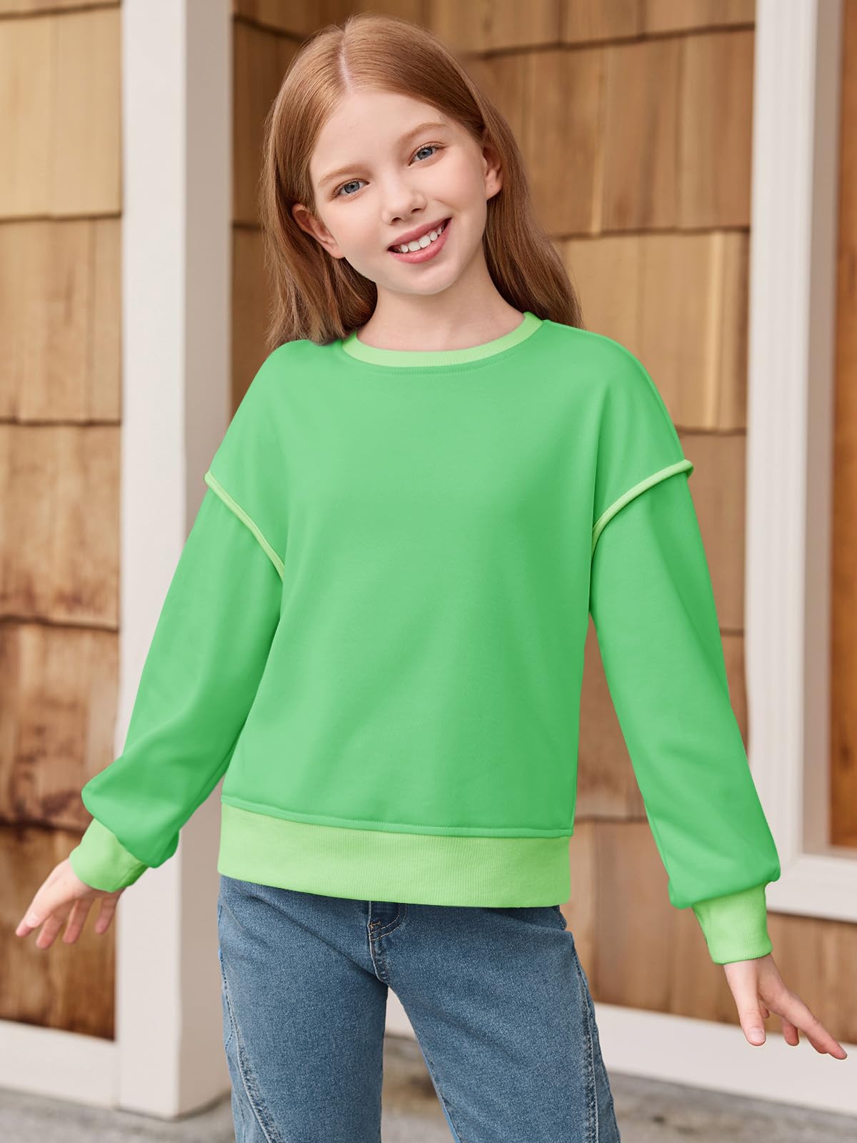 Haloumoning Girls Casual Crewneck Sweatshirts Long Sleeve Color Block Loose Fit Fall Cute Pullover Tops 5-14 Years