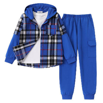 2Pcs Boys Clothes Sweatsuit Set Hoodie Flannel Plaid Shirt and Jogger Pants for Kids Fall Winter Spring Outfits