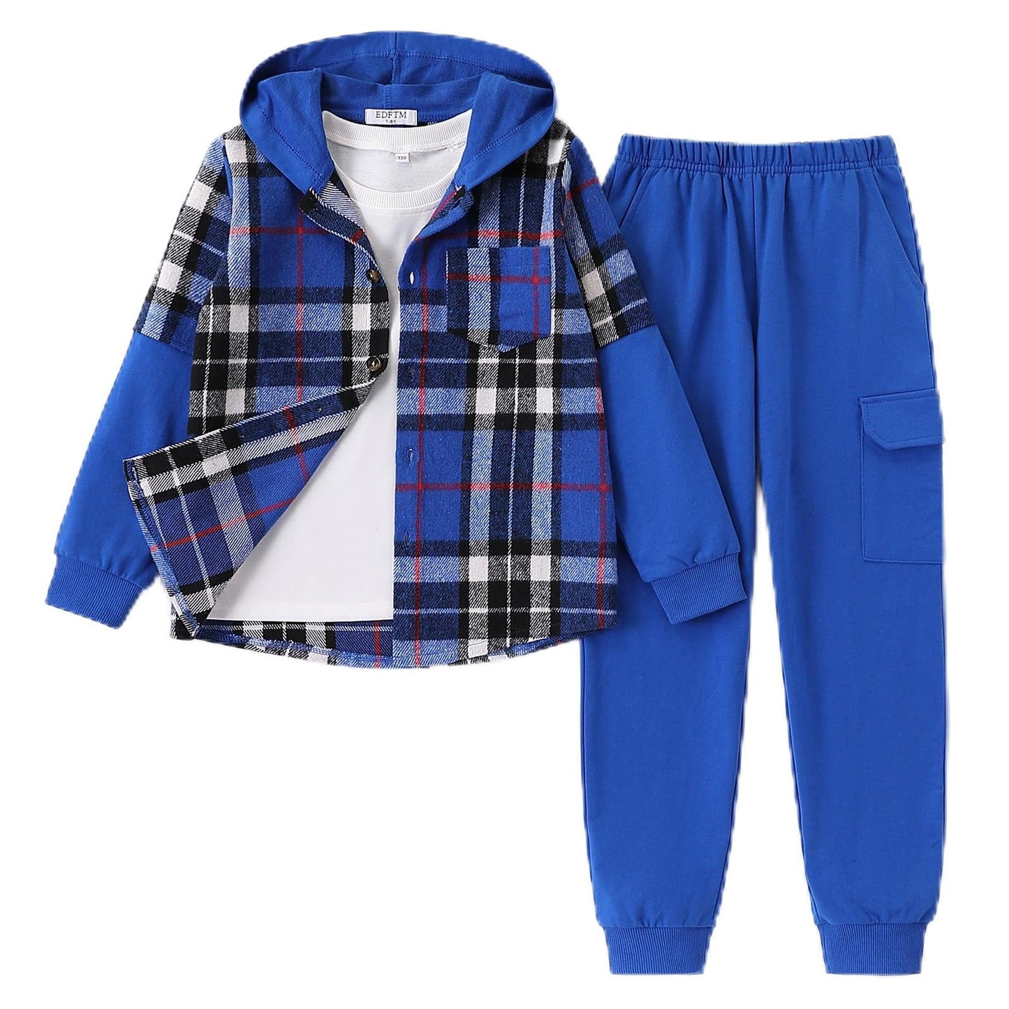 2Pcs Boys Clothes Sweatsuit Set Hoodie Flannel Plaid Shirt and Jogger Pants for Kids Fall Winter Spring Outfits