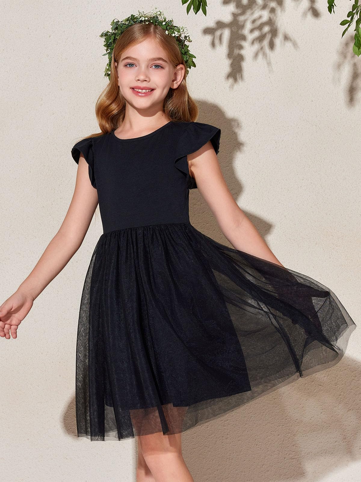 Haloumoning Girls Tutu Dress Ruffle Short Sleeve Fluffy Summer Party Tulle Dress for Kids 5-14Y
