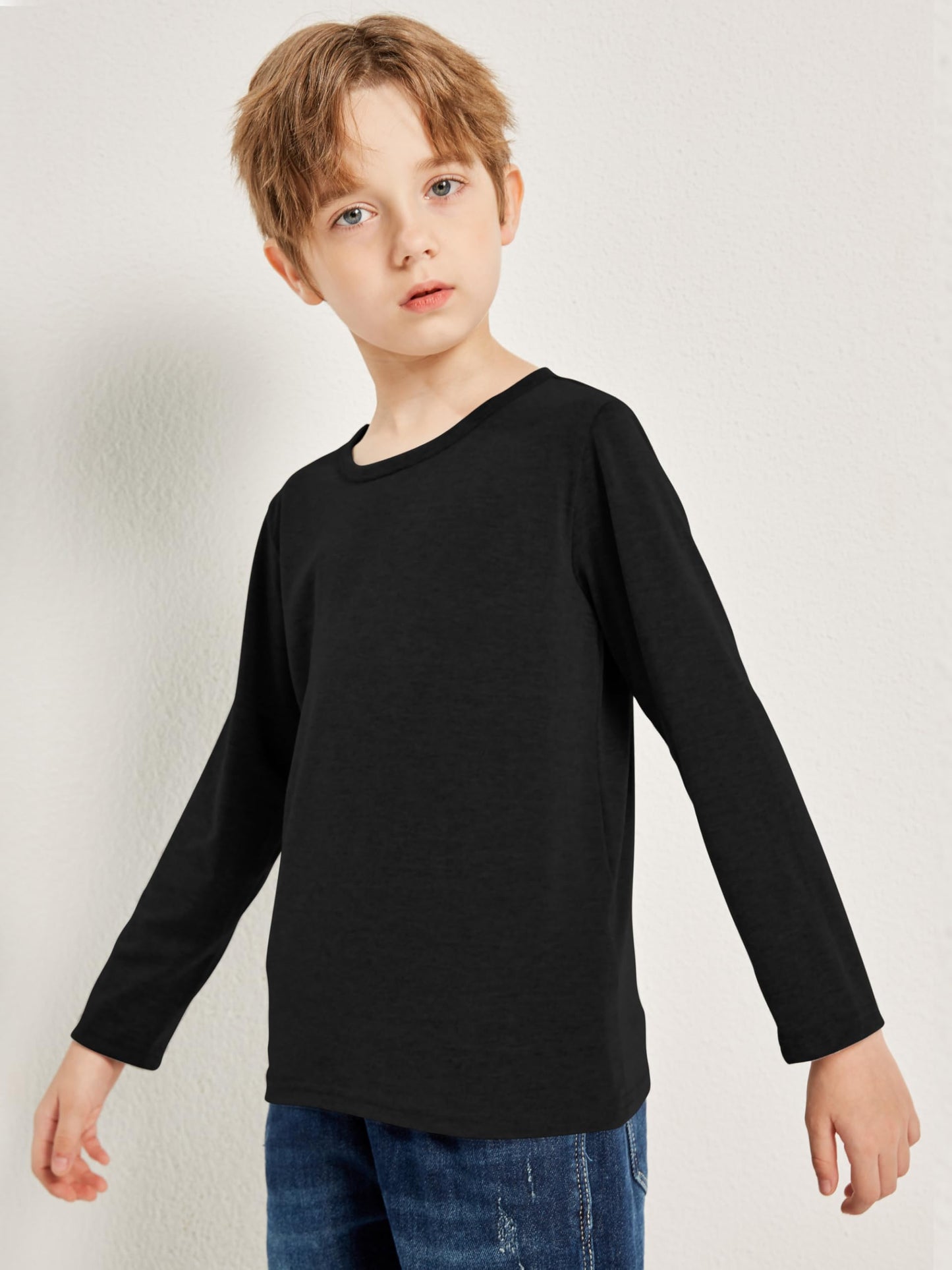 Boys Solid Color Long Sleeve Crewneck T Shirt 5 Pack Set