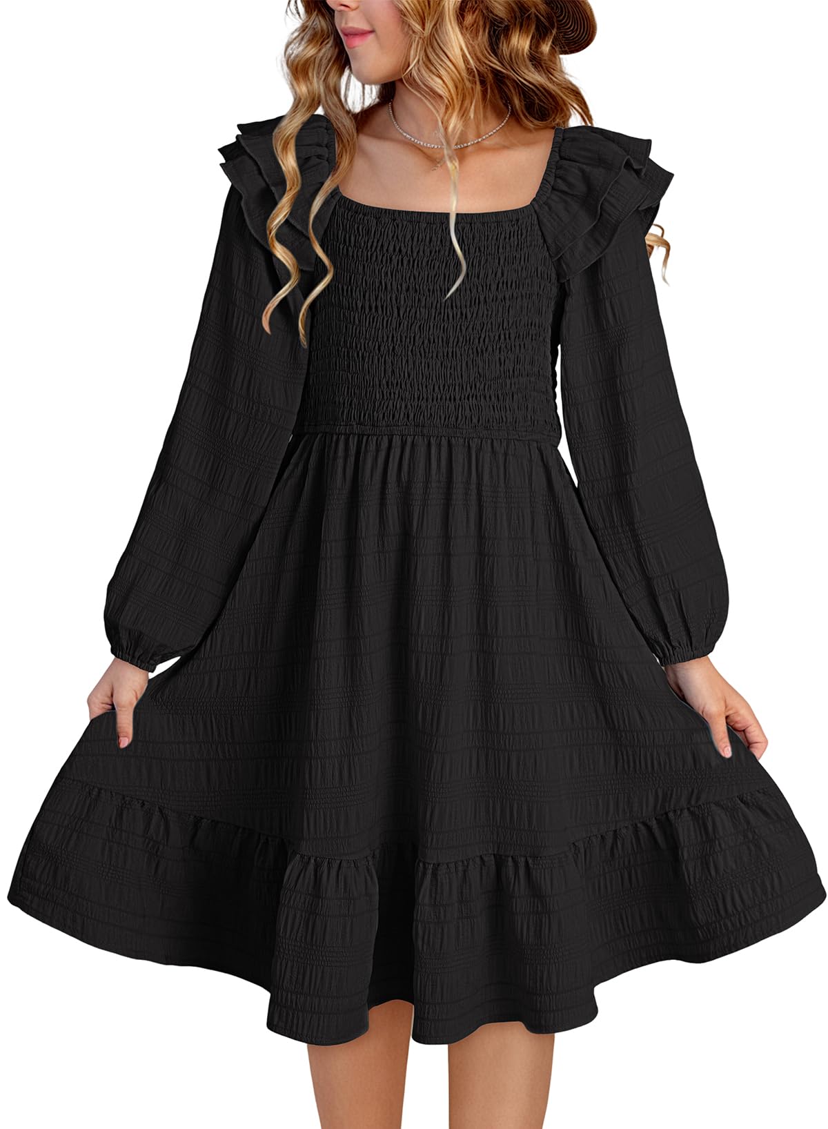 DOKOTOO KIDS Girls Dresses with Tiered Ruffle Long Sleeve and Side Pockets, Smocked Fall Spring Dress for 6-13 Years