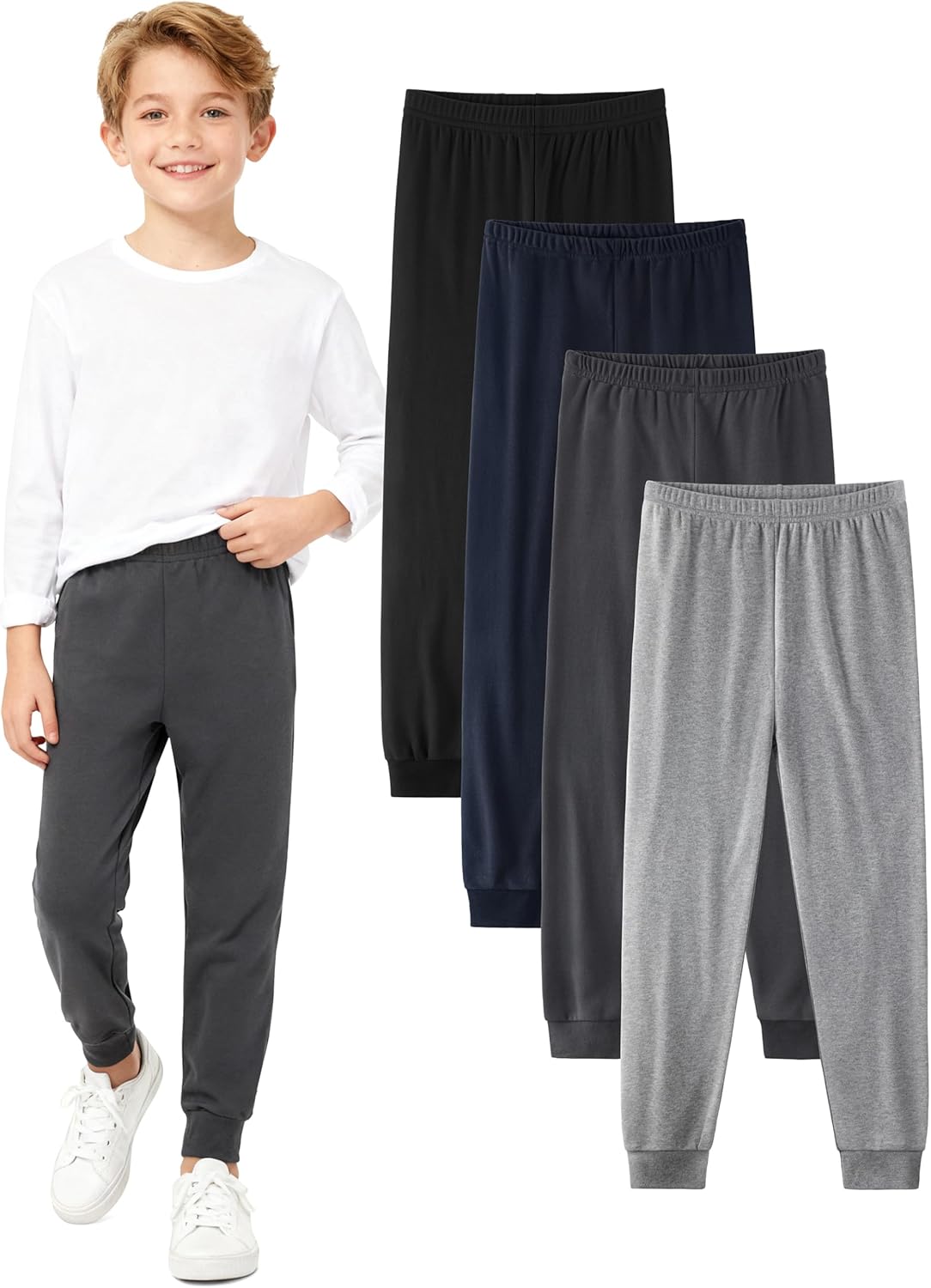 4 Pack Boys Cotton Pants - Boys Long Underwear Thermal Pants Bottom Joggers for Sports Everyday Activities