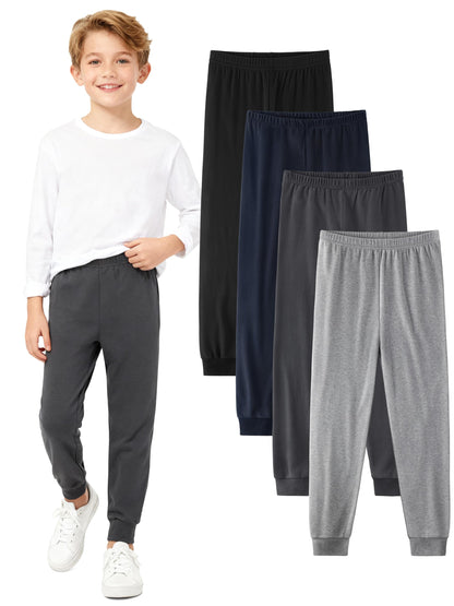 4 Pack Boys Cotton Pants - Boys Long Underwear Thermal Pants Bottom Joggers for Sports Everyday Activities