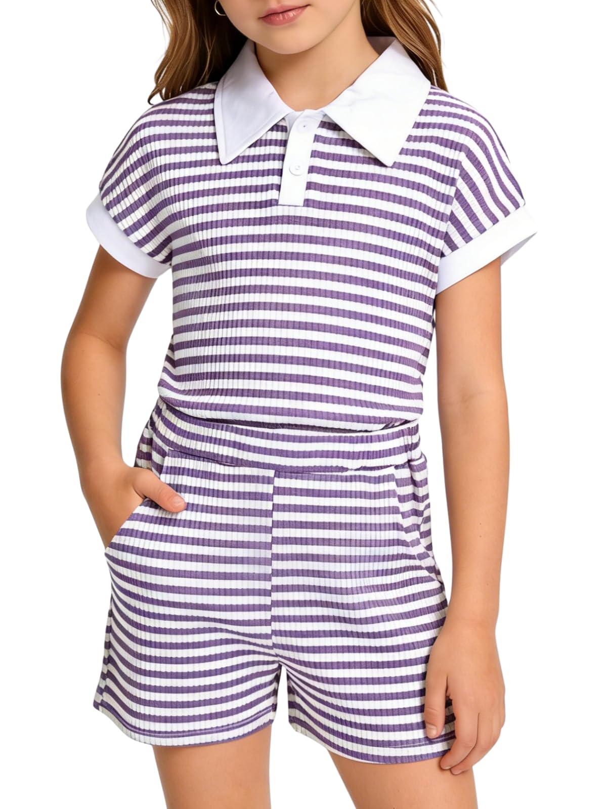 LOVYKIDIDO Size 7-14 Girls 2 Piece Outfits Summer Striped Lapel Short Set Cute Teen Girl Clothing Set