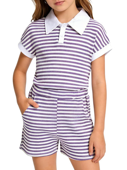 LOVYKIDIDO Size 7-14 Girls 2 Piece Outfits Summer Striped Lapel Short Set Cute Teen Girl Clothing Set
