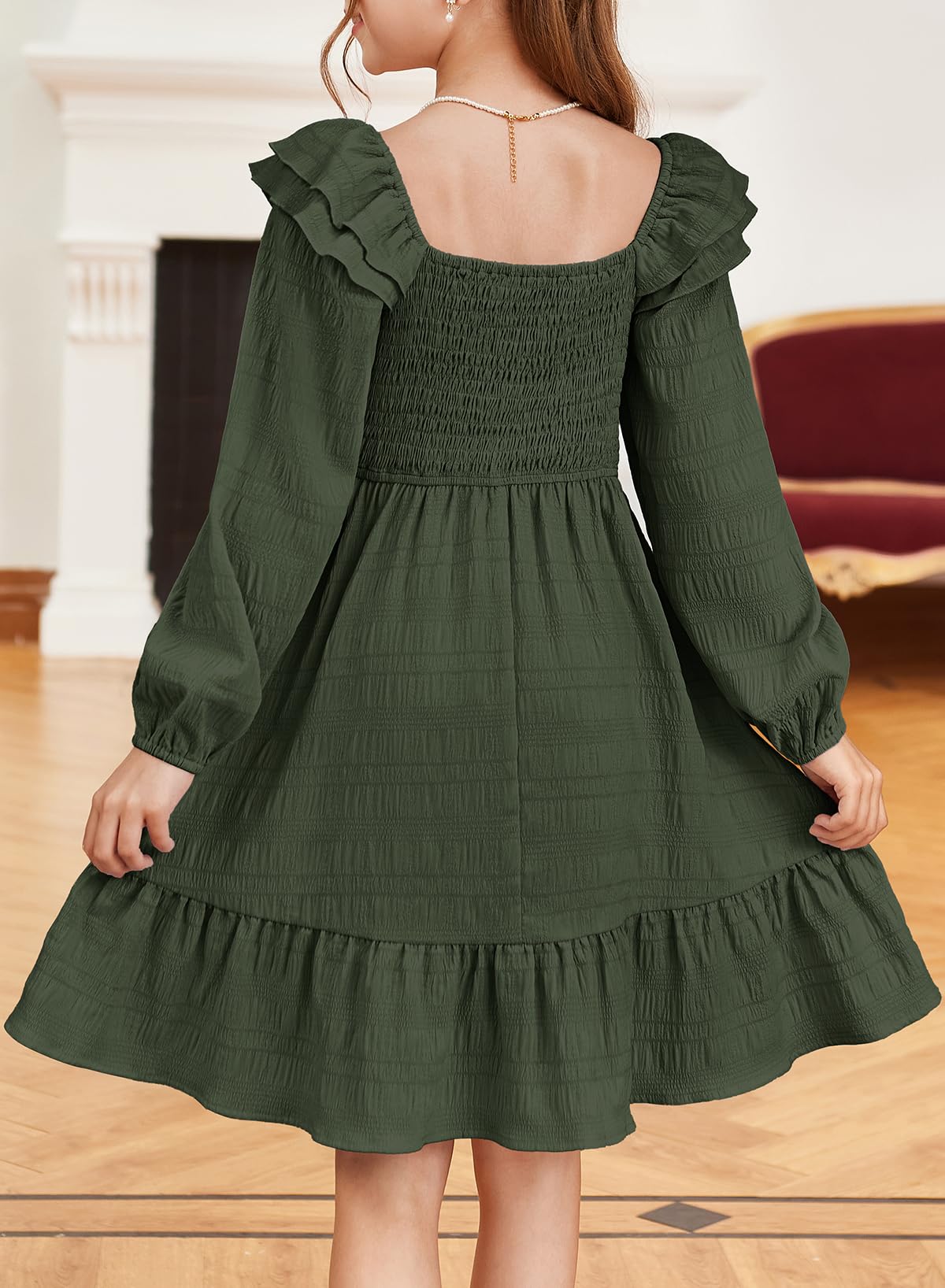 DOKOTOO KIDS Girls Dresses with Tiered Ruffle Long Sleeve and Side Pockets, Smocked Fall Spring Dress for 6-13 Years