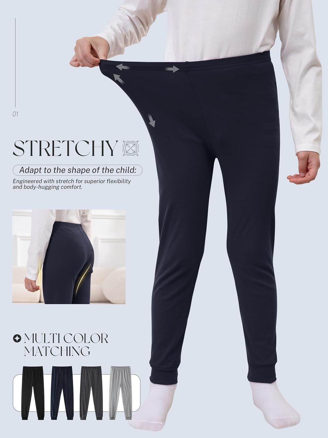 4 Pack Boys Cotton Pants - Boys Long Underwear Thermal Pants Bottom Joggers for Sports Everyday Activities