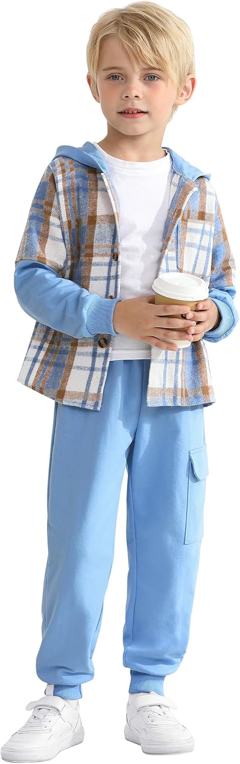 2Pcs Boys Clothes Sweatsuit Set Hoodie Flannel Plaid Shirt and Jogger Pants for Kids Fall Winter Spring Outfits