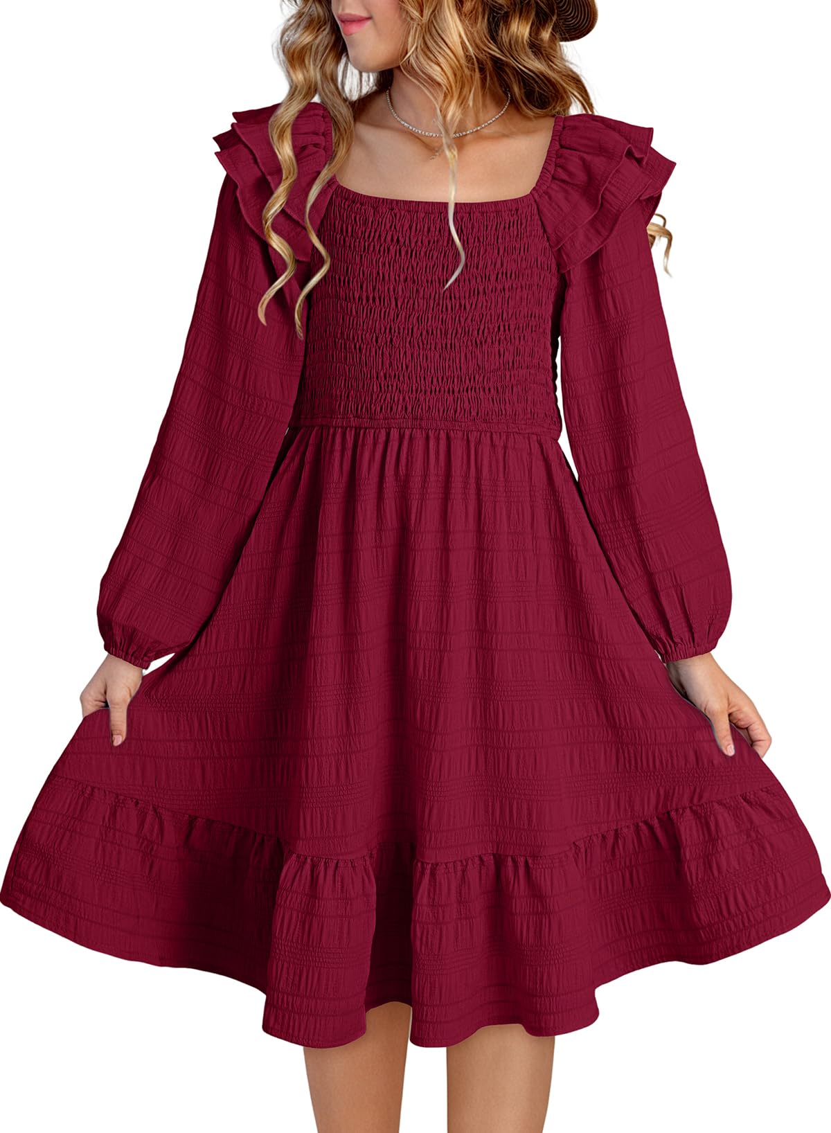 DOKOTOO KIDS Girls Dresses with Tiered Ruffle Long Sleeve and Side Pockets, Smocked Fall Spring Dress for 6-13 Years