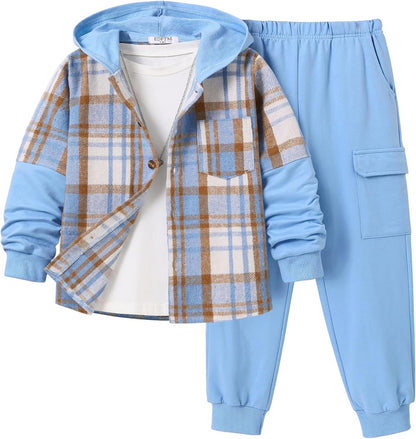 2Pcs Boys Clothes Sweatsuit Set Hoodie Flannel Plaid Shirt and Jogger Pants for Kids Fall Winter Spring Outfits