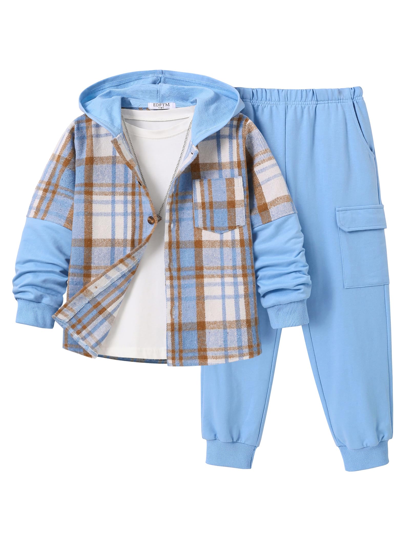 2Pcs Boys Clothes Sweatsuit Set Hoodie Flannel Plaid Shirt and Jogger Pants for Kids Fall Winter Spring Outfits