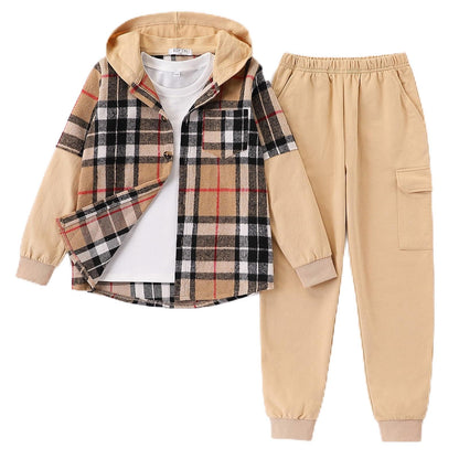 2Pcs Boys Clothes Sweatsuit Set Hoodie Flannel Plaid Shirt and Jogger Pants for Kids Fall Winter Spring Outfits