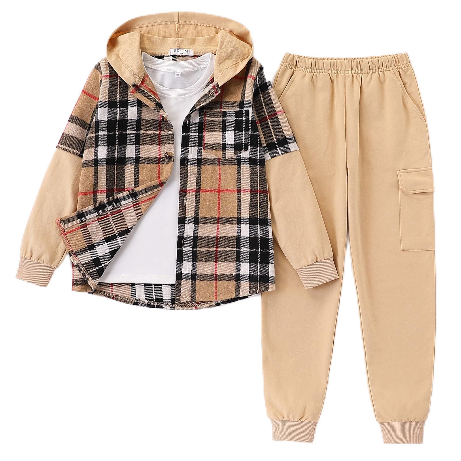 2Pcs Boys Clothes Sweatsuit Set Hoodie Flannel Plaid Shirt and Jogger Pants for Kids Fall Winter Spring Outfits