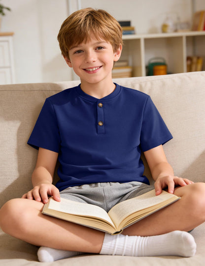 Boys Cotton Henley Short Sleeve Shirt with Button Placket