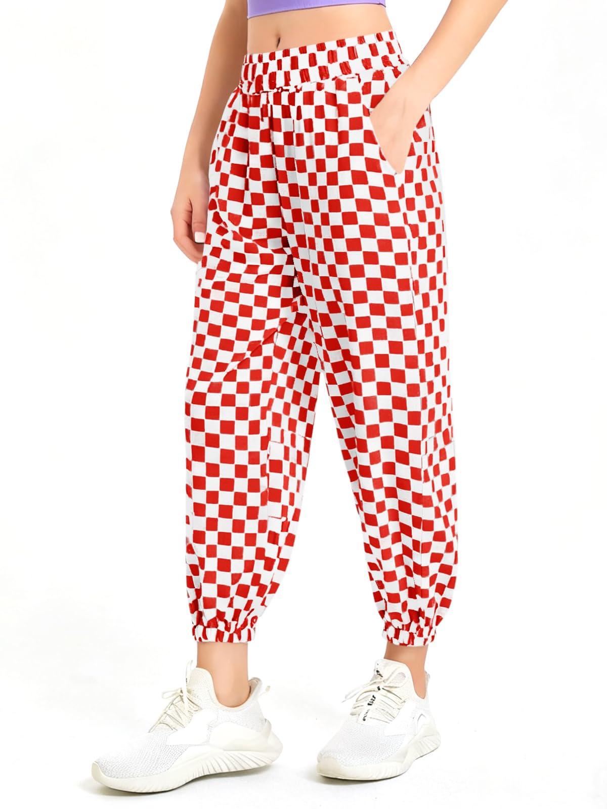 Haloumoning Girls Plaid Pants Kids Elastic Waist Jogger Pants Lightweight Bottoms with Pockets 5-14 Years