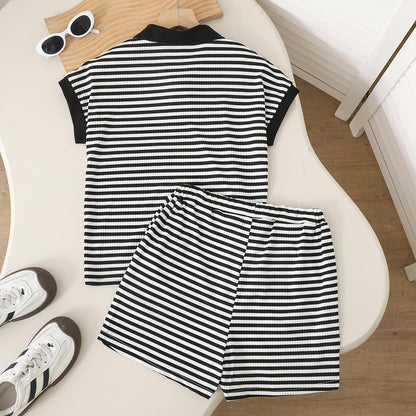 LOVYKIDIDO Size 7-14 Girls 2 Piece Outfits Summer Striped Lapel Short Set Cute Teen Girl Clothing Set
