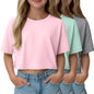 LessonZoo 3 Pack Girls Short Sleeve Crop Tops Kids Oversized Crew Neck Cropped Athletic T Shirts Basic Tees Size 5-14 Years