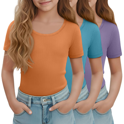 LessonZoo 3 Pack Girls Short Sleeve Shirts Ribbed Knit Scoop Neck T-Shirts Kids Solid Tops Slim Fit Casual Tees 5-14 Years