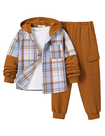 2Pcs Boys Clothes Sweatsuit Set Hoodie Flannel Plaid Shirt and Jogger Pants for Kids Fall Winter Spring Outfits