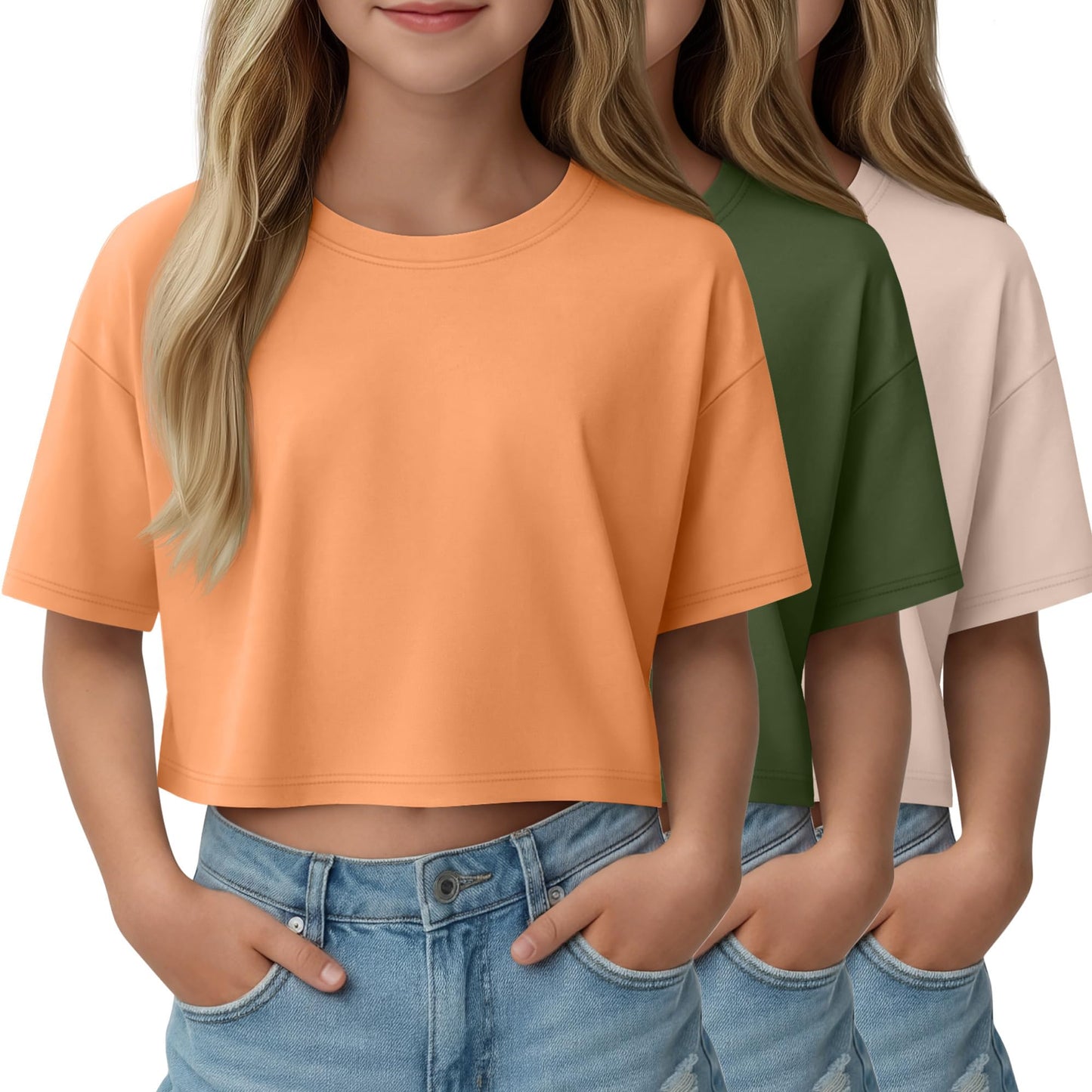LessonZoo 3 Pack Girls Short Sleeve Crop Tops Kids Oversized Crew Neck Cropped Athletic T Shirts Basic Tees Size 5-14 Years
